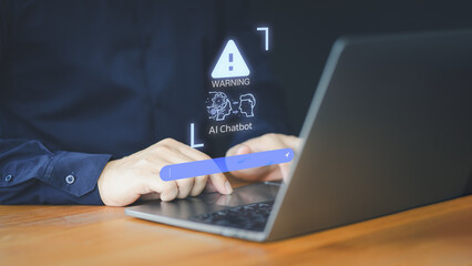 Young man using a laptop chatting with a smart AI using an artificial intelligence chatbot with triangle caution warning sign for notification error concept. Chatbot with AI, Artificial Intelligence.