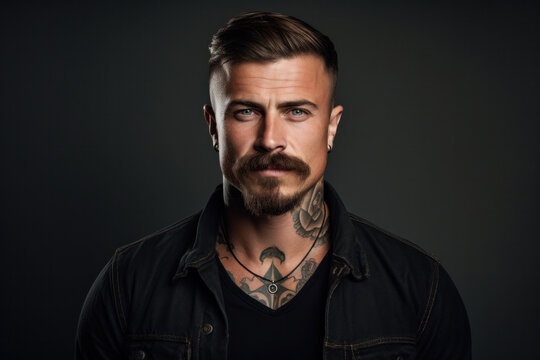 Close up portrait of a young serious european man with moustache in support of men's health, with tattoos, member of movember global community, copy space 