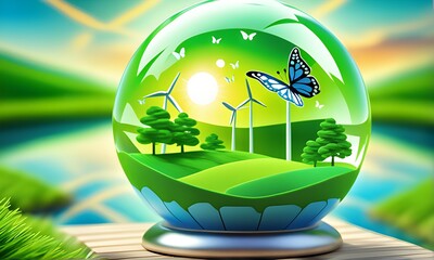 Circular Economy and Sustainable Development: Globe with Butterfly - ESG Green Energy Concept