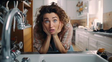 Desperate young woman has some problems making DIY plumbing repairs at home
