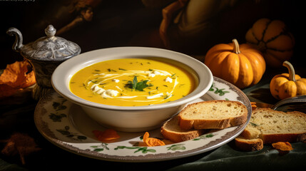 Pumpkin soup meal on a table for cold autumn or winter dinner