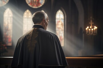 Rear view of priest looking at church interior. Religion concept.