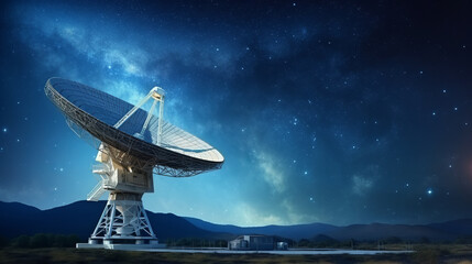Radio telescope pointing to the sky at night with beautiful light
