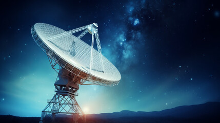 Radio telescope pointing to the sky at night with beautiful light