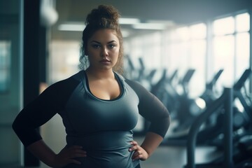overweight woman gym sport fitness exercise body health fat exercising weight training fit diet activity obesity workout young loss active healthy athlete girl aerobic plus size generative ai - obrazy, fototapety, plakaty