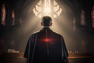Rear view of priest looking at church interior. Religion concept.