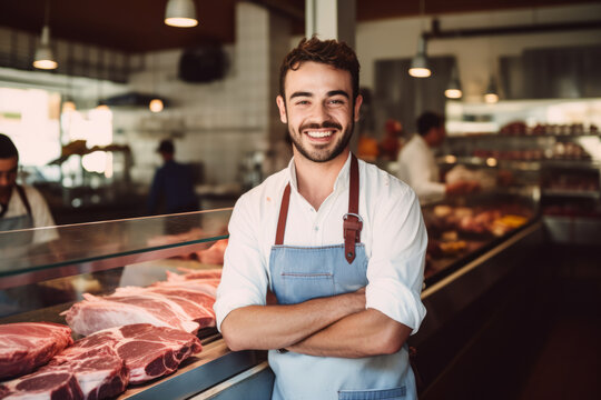 Happy young butcher man standing next to the meat counter