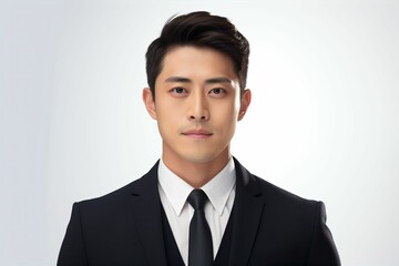 正面の日本人の男性ビジネスマンのポートレート写真（白背景・サラリーマン・スーツ・仕事）
