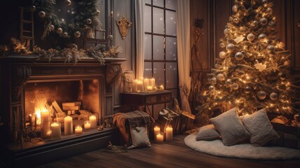 a lit up Christmas tree in a cozy home at night with the fireplace active,in the style of 32k uhd,sharp image, generative ai - obrazy, fototapety, plakaty