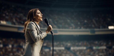 Female speaker and singer in the big stadium on the stage