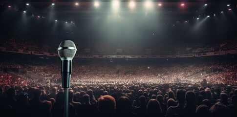 Close up of microphone in concert hall or conference room background.
