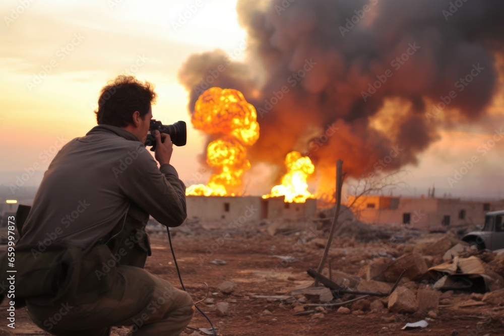 Wall mural war reporter photographing a devastated area