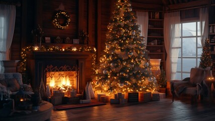Fototapeta na wymiar a lit up Christmas tree in a cozy home at night with the fireplace active,in the style of 32k uhd,sharp image, generative ai