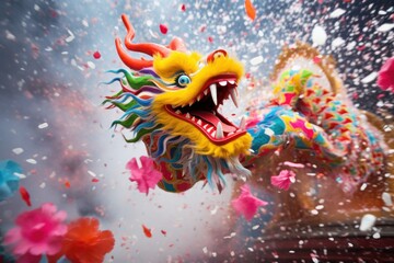 Colorful dragon statue in a Chinese New Year parade whit fireworks