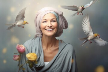 Portrait of a beautiful woman with a towel on her head and pigeons - obrazy, fototapety, plakaty