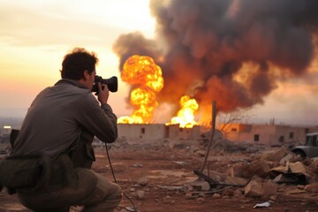 war reporter photographing a devastated area - obrazy, fototapety, plakaty