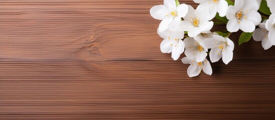Beautiful white flowers in a glass vase on a wooden background viewed from above with copy space