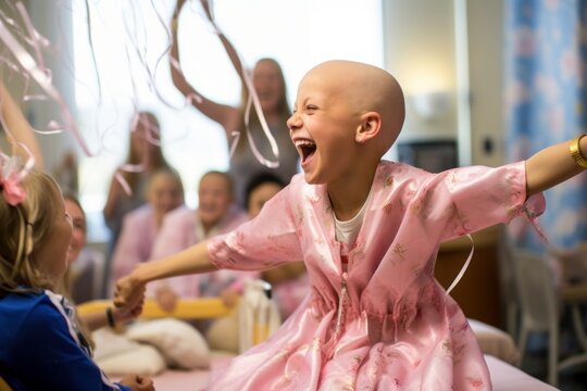 Little girl in a pink dress playing with balloons at a hospital party