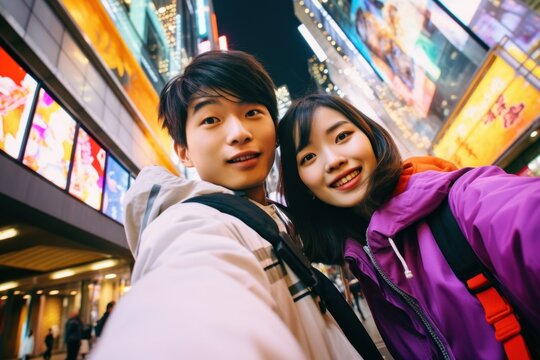 young asian couple taking selfie in the city at night - lifestyle people concept