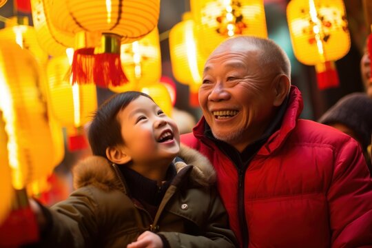 Happy asian grandfather and grandson in chinese lanterns festival.