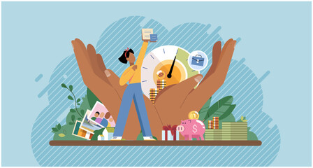 Wellbeing metaphor. Vector illustration. Support insurance, safety gear for secure professional journey Employee wellbeing, thermometer measuring health of workplace Humcare, bedrock of caring work