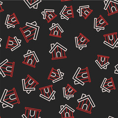 Line Farm house icon isolated seamless pattern on black background. Vector