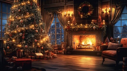 Fototapeta na wymiar a lit up Christmas tree in a cozy home at night with the fireplace active,in the style of 32k uhd,sharp image, generative ai