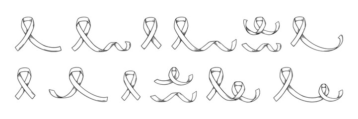 Ribbons for awareness day. Breast cancer awareness symbol collection. Sketch vector illustration isolated in white background