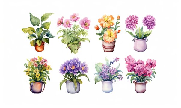 A set of eight house plants. Bright flowers in pots. Watercolor illustration on a white background.