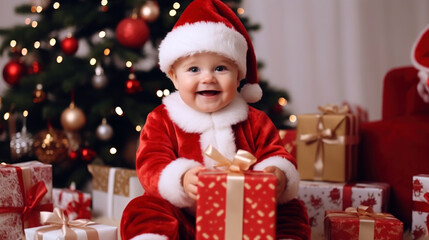 Fototapeta na wymiar child in santa claus hat with gifts