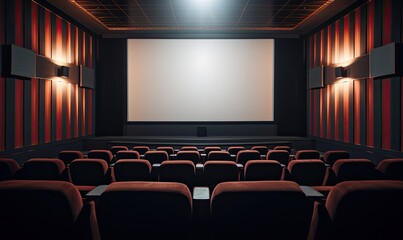 Photo of an empty theater with red seats and a projector screen