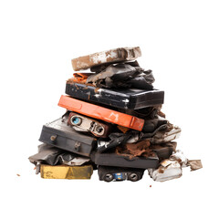 Piles of electric car battery waste waiting to be recycled on transparent background PNG. Waste recycling concept.