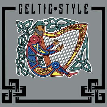 A brutal Celt playing a harp in curls.