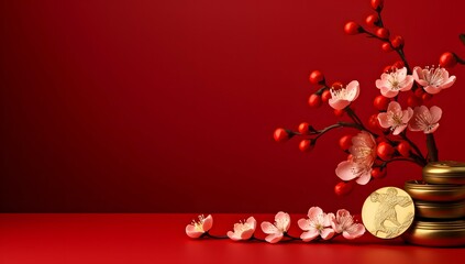 cherry blossom with golden coins on a red background - obrazy, fototapety, plakaty