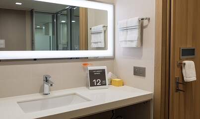 Photo of a modern bathroom sink with a sleek design and a large mirror above
