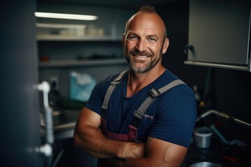 Portrait of a smiling middle aged plumber fixing a kitchen