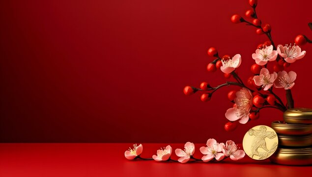 cherry blossom with golden coins on a red background © Rax Qiu