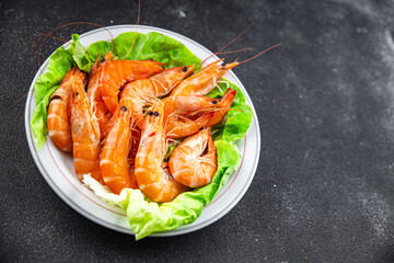 shrimp Gambas prawn fresh seafood crustacean meal food snack on the table copy space food background rustic top view