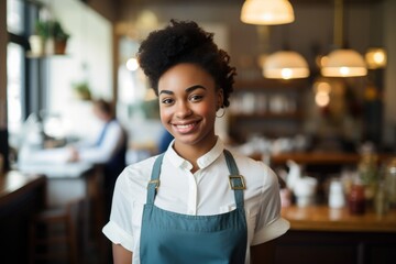 Portrait of a young waitress in a restaurant - obrazy, fototapety, plakaty