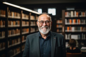 Portrait of a senior man posing in a library