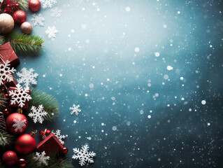 Blue Christmas background with evergreen tree branch red ornaments and snowflakes top view. Winter holiday season xmas banner