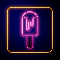 Glowing neon Ice cream icon isolated on black background. Sweet symbol. Vector