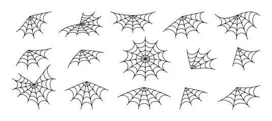 Spiderweb tracery varieties set. Sticky black mesh pattern with halloween party ornament. Horror trap of intertwining dangerous vector lines - obrazy, fototapety, plakaty