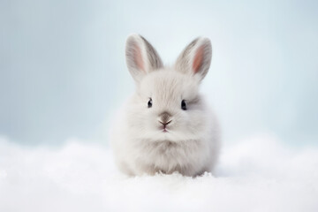 Tiny light grey baby bunny with small ears front view ooking sitting on snowy white and blue background. Home pet concept