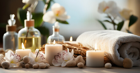 spa still life, Beautiful spa treatment composition such as Towels, candles, essential oils, Massage Stones on light wooden background
