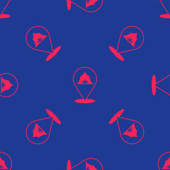 Red Circus tent icon isolated seamless pattern on blue background. Carnival camping tent. Amusement park. Vector