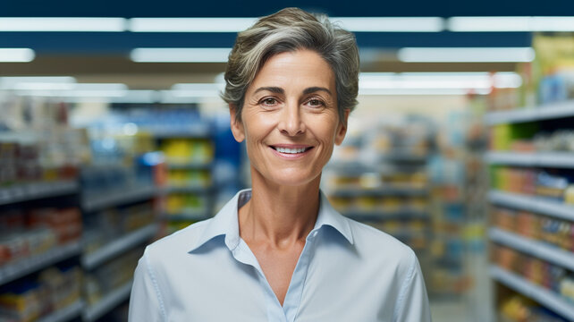 Portrait of senior adult female manager in supermarket smiling at camera.


