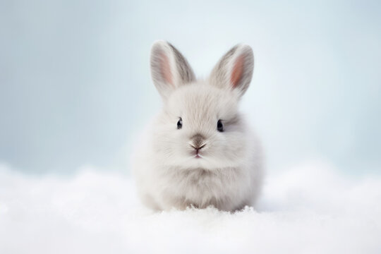 Tiny light grey baby bunny with small ears front view ooking sitting on snowy white and blue background. Home pet concept