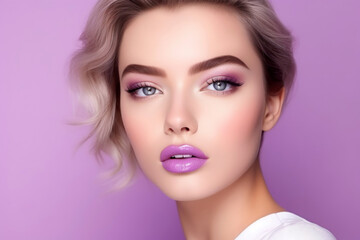 Fototapeta premium Beautiful woman with saturated purple lips, close-up, white skin, on pink background 