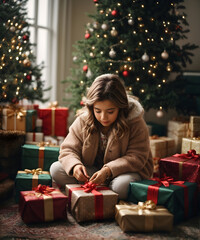 A young girl wants to unpack a gift in the living room